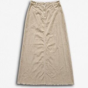 Bliss Tan Corduroy Maxi Skirt Frayed Raw Hem Boho A-Line Cotton Blend Size 2
